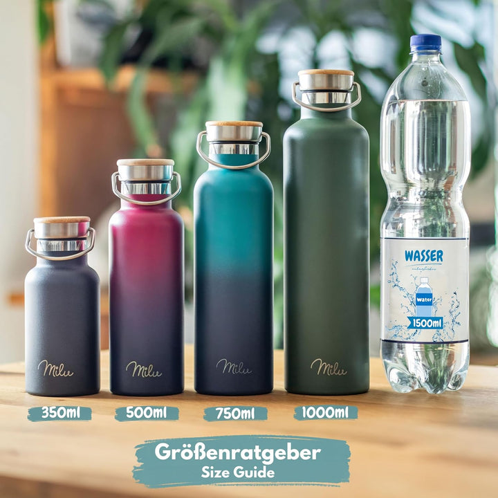 Milu Edelstahl Trinkflasche 350ml 500ml 750ml 1000ml (+3 Deckel) - Thermosflasche mit Strohhalm, Iso