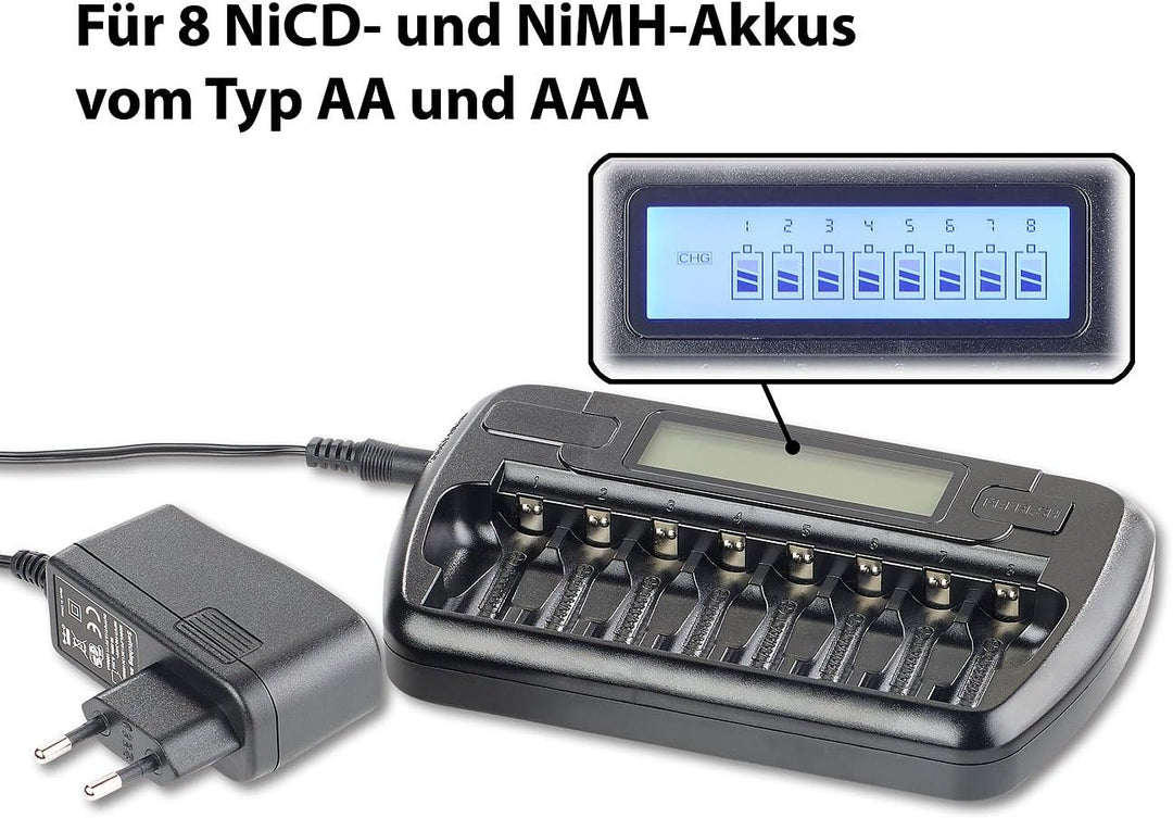 tka Köbele Akkutechnik Accu Ladegerät: Ladegerät für 8 AA(A)-Akkus, LCD-Display und Einzelschacht-Üb