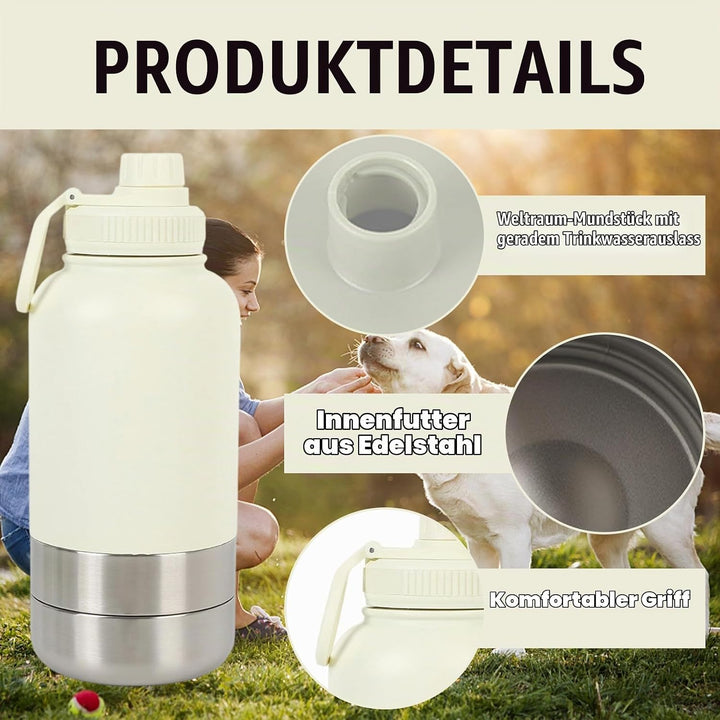 Pets Hundetrinkflasche für Unterwegs, 950ml Isolierte Edelstahl Trinkflasche Hunde mit Futterbehälte