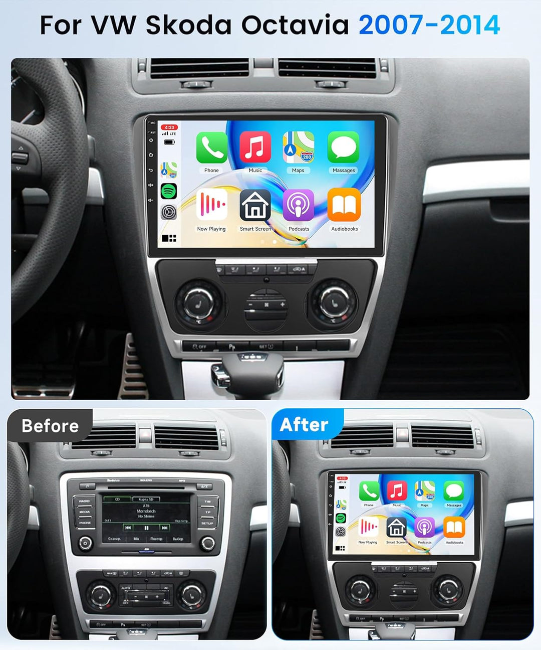 Rimoody 4+64G Wireless Carplay Android Autoradio für VW Skoda Octavia 2007-2014 10.1 Zoll HD Autorad
