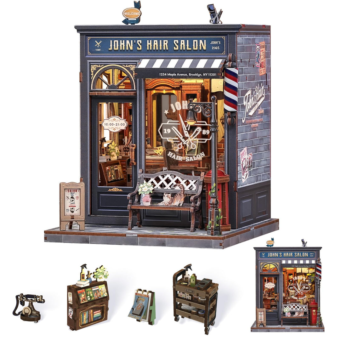 Book Nook Kit - Miniatur Puppenhaus (Friseursalon-Szene) mit LED-Beleuchtung, 3D Holz-Puzzle Buchstü