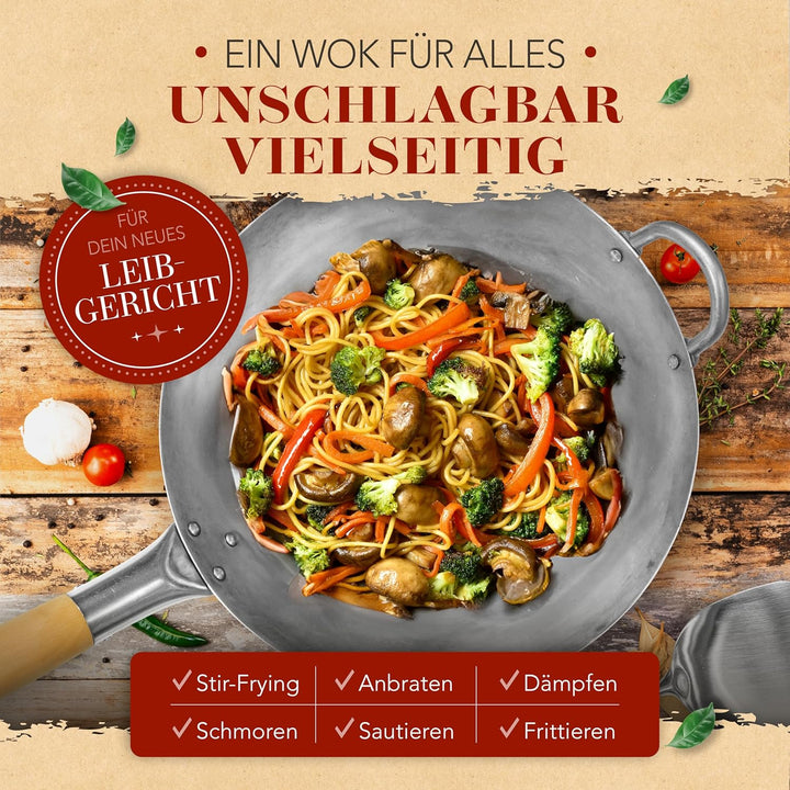 KRUSTENZAUBER 30cm Wokpfanne runder Boden - Traditionelle Stahlwokpfanne mit Wokwender u. Wokring -