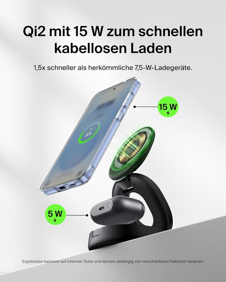 Belkin BoostCharge 2-in-1 Induktive Ladestation mit Qi2, 15W, MagSafe-kompatibles Ladegerät, Kabello