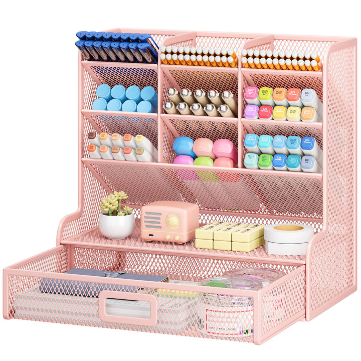 VITVITI Schreibtisch Organizer, 9 Fächer Stiftehalter mit Schublade, Netz Stifte Regal aus Metall, S
