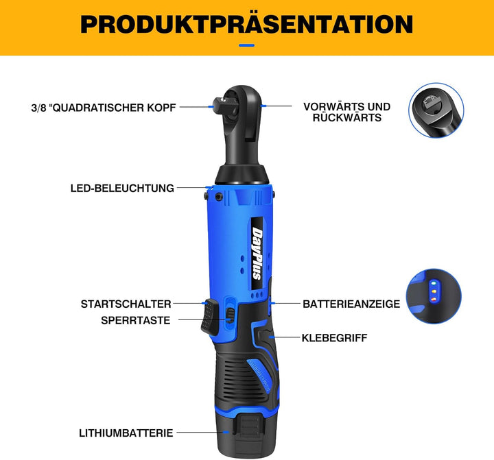 12V Akku Ratschenschlüsse 3/8 Zoll, 40Nm Elektrischer Ratschenschlüssel 2 x 1500mAh Akku, 7 Steckdos