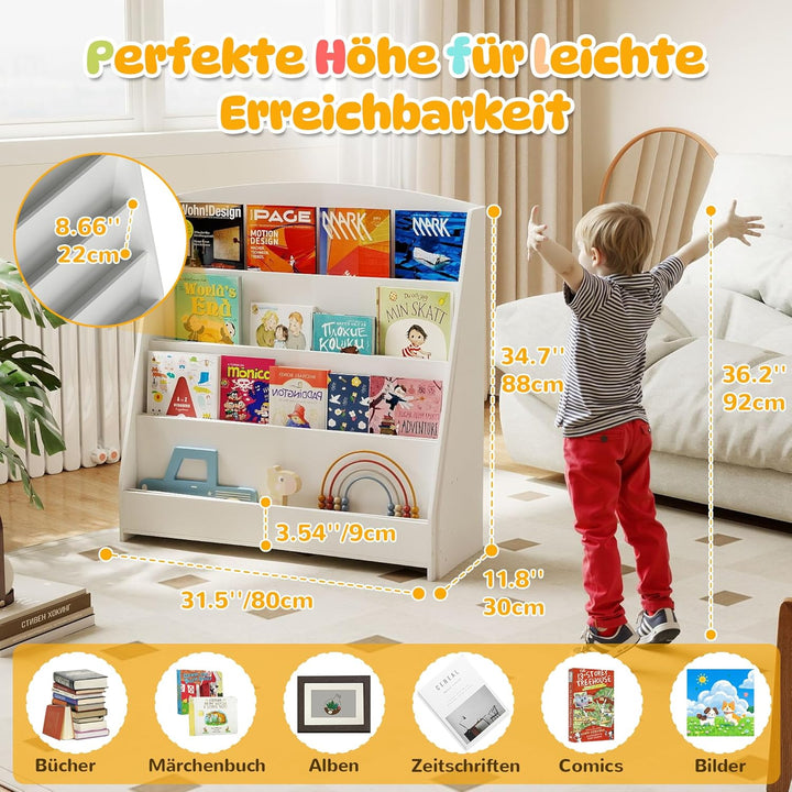 4-stöckiges Kinderbücherregal aus Holz mit 4 Einlegeböden, bücherregal Kinder für Kinderzimmer Kinde