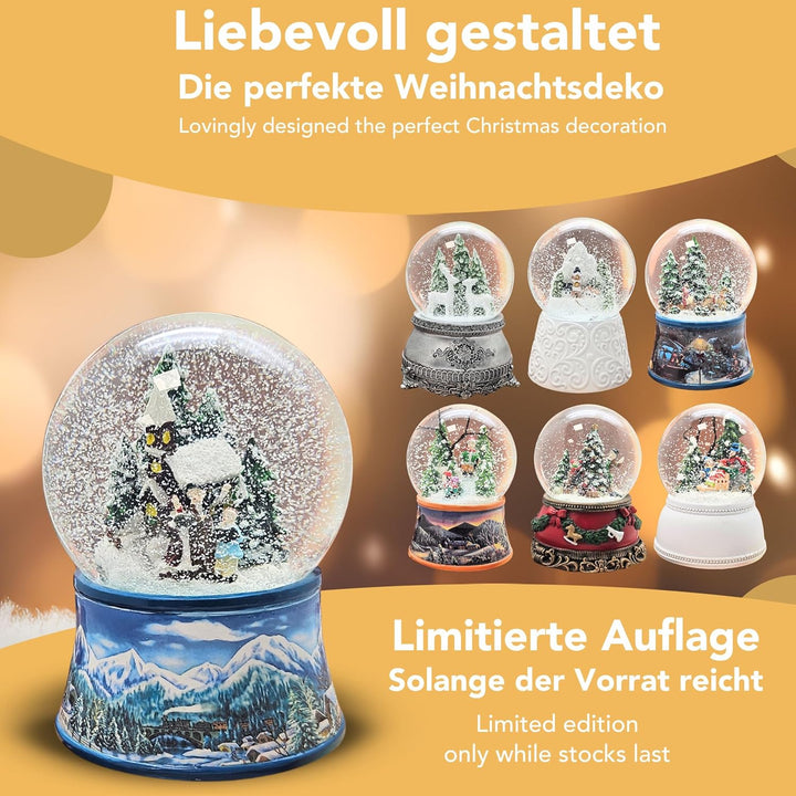 Schneekugel Weihnachten Nostalgische Winterzeit mit Spieluhr Jingle Bells 140 mm hoch - 20274 Hellbl