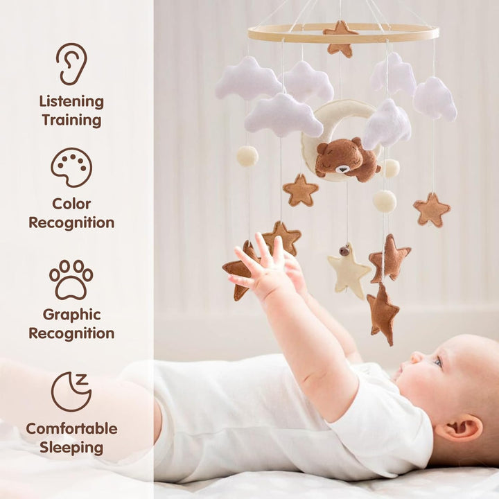 Mobile Babybett, Mobile Baby Windspiele mit 3D Bär Mond Wolken Sterne Glocke, Kinderzimmer Hängende