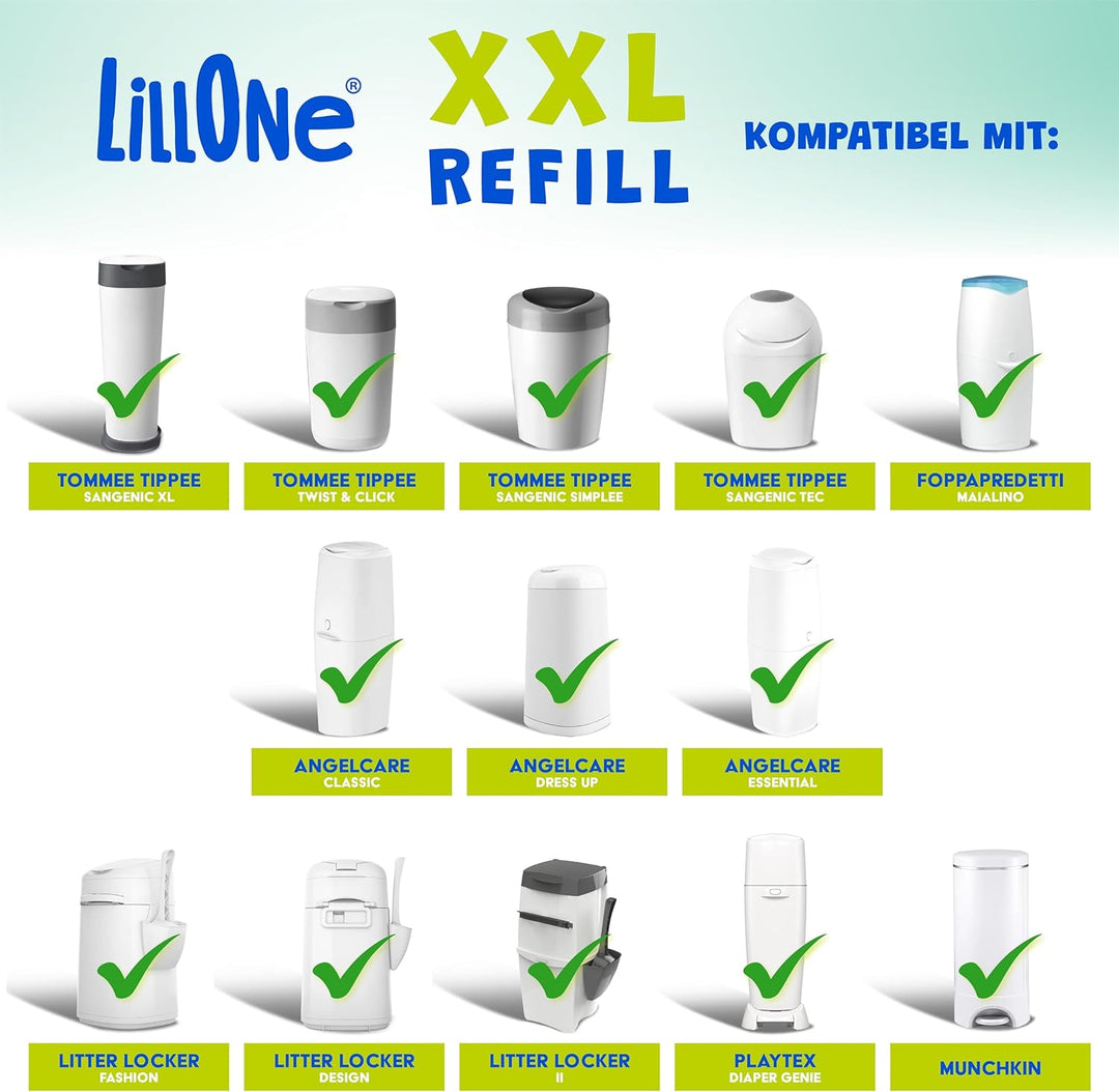 LillOne 8 XXL-Nachfüllungen Extra Lang 10,5 m für Windeleimer – Universell kompatibel mit Tommee Tip