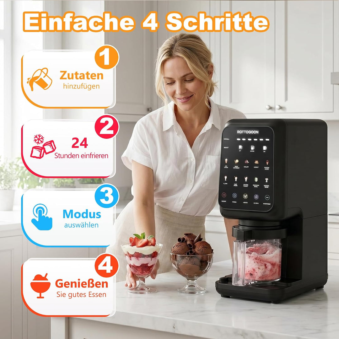 ROTTOGOON Eismaschine mit 3 Bechern 10 Programme für Eiscreme Sorbet Gelato & Frozen Yogurt 2-in-1 G