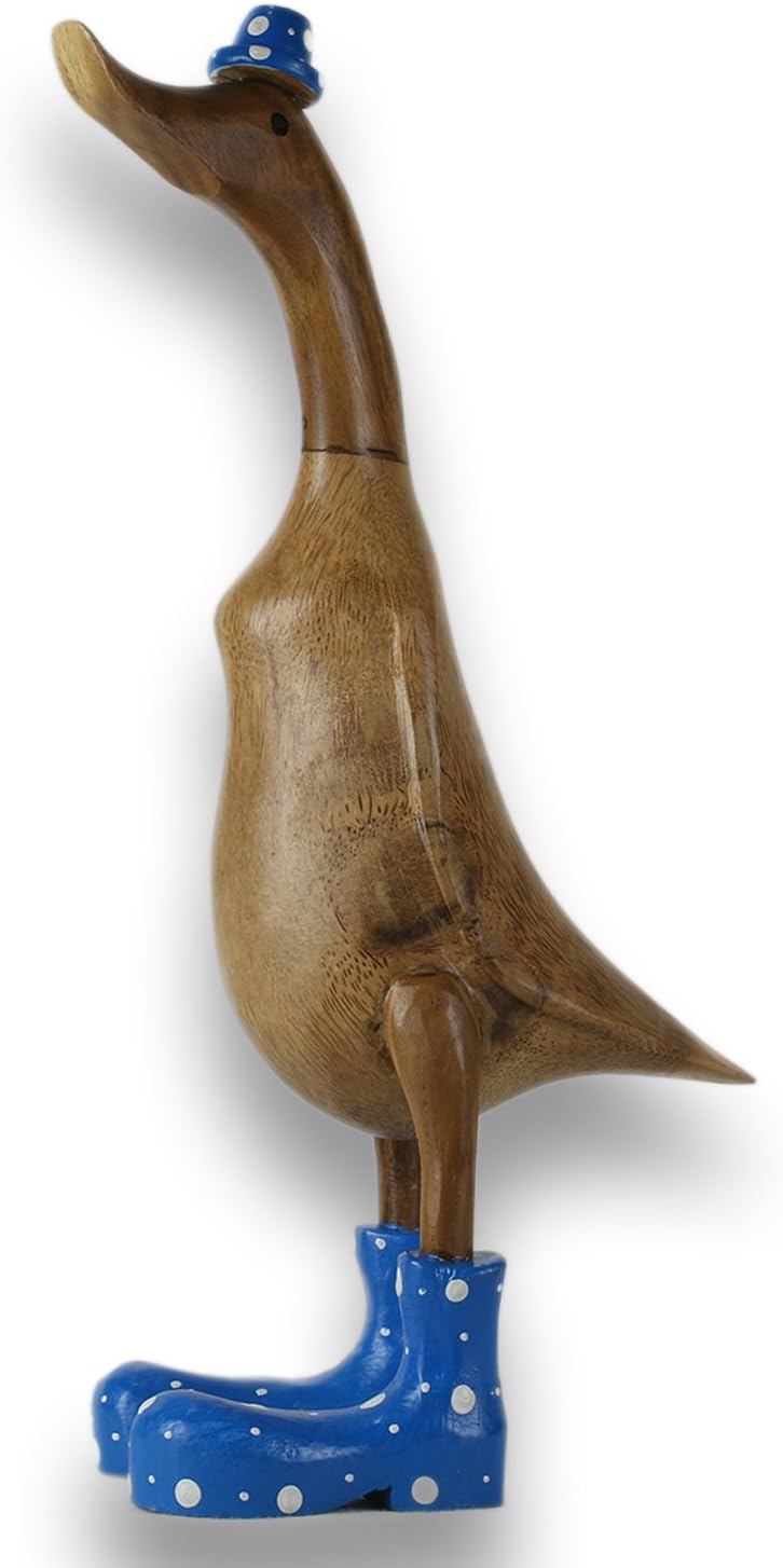 ART-CRAFT Holz Ente Lauf Ente Gartendeko Figur aus Bambus Wurzel und Teak Holz mit Stiefel und Hut B