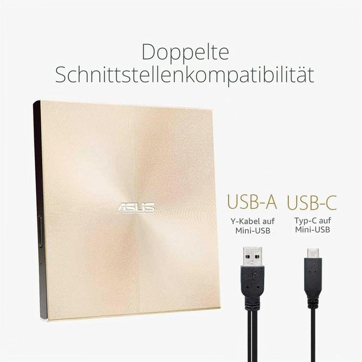 ASUS ZenDrive U9M Schwarz – USB 2.0/USB-C Slim Externer DVD-Brenner Optische Disc 8X Speed Re-Writer