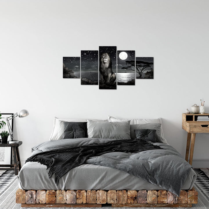 Runa Art Bild Wohnzimmer Schlafzimmer Afrika Löwe 5 Teilig Savanne Schwarz Weiss Wandbilder auf Vlie