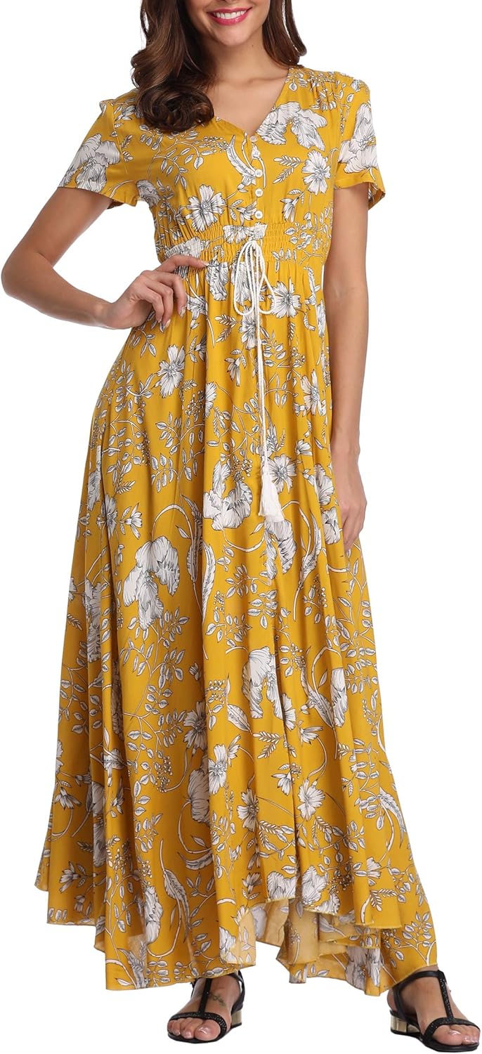 Damen Lange Split Knopf Up Sommer Maxikleid Floral Strandwear Holidy Kleid Hohe Taille mit kurzen Är