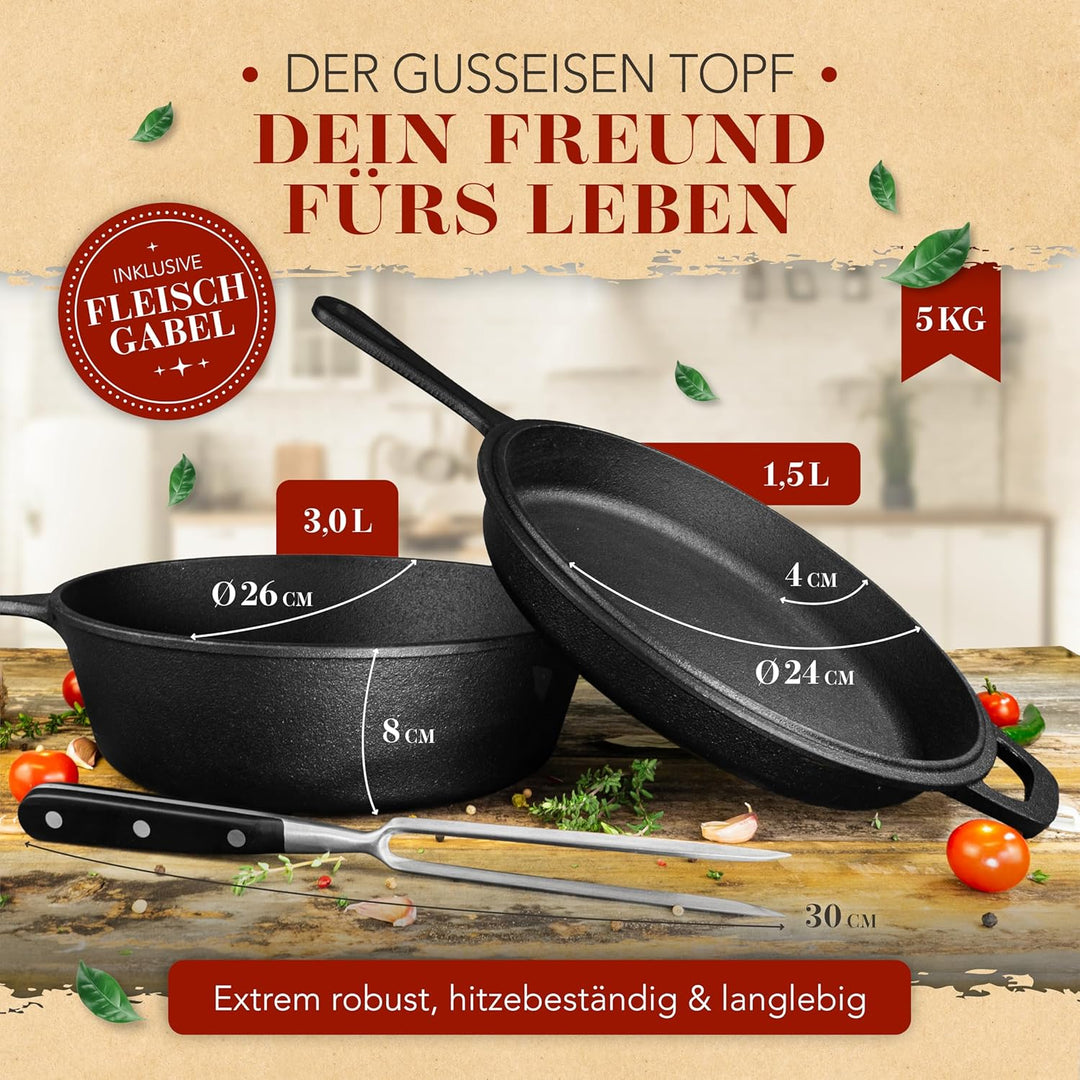 KRUSTENZAUBER Gusseisen Topf [inkl. Fleischgabel] - Robuster 26cm Gusseisen Bräter mit Deckel Backof