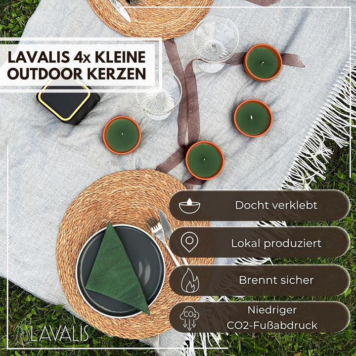 Lavalis 4x kleine Outdoor Kerzen, handbefüllte Terrakotta Kerzen aus recyceltem Wachs, 15h Brenndaue