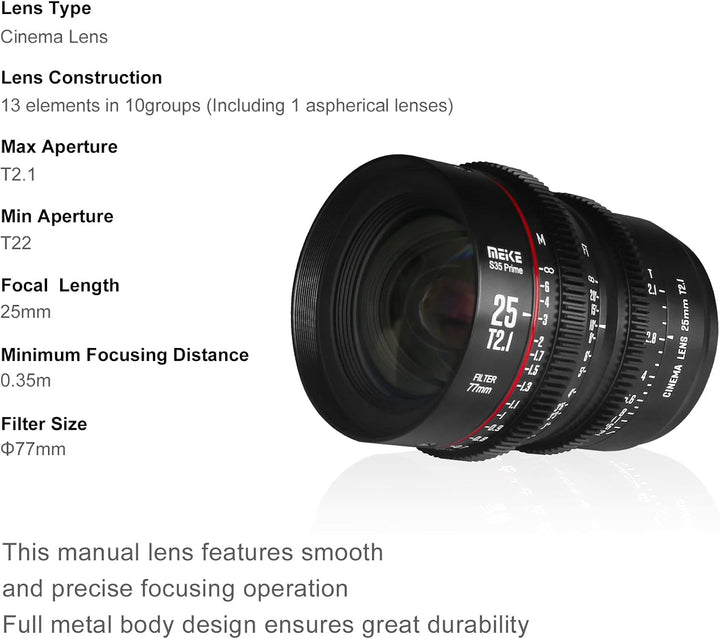 Meike 25 mm T2.1 S35 Manueller Fokus Weitwinkel Prime Cinema Objektiv für Canon EF Mount und Cine Ca