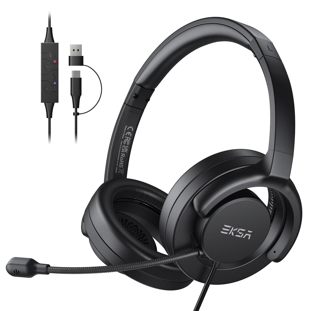 EKSA H27 PC Headset mit Mikrofon, Open-Ear Headset mit Kabel, Headset mit Geräuschunterdrückung, USB