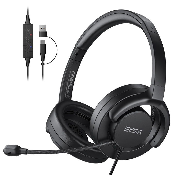 EKSA H27 PC Headset mit Mikrofon, Open-Ear Headset mit Kabel, Headset mit Geräuschunterdrückung, USB