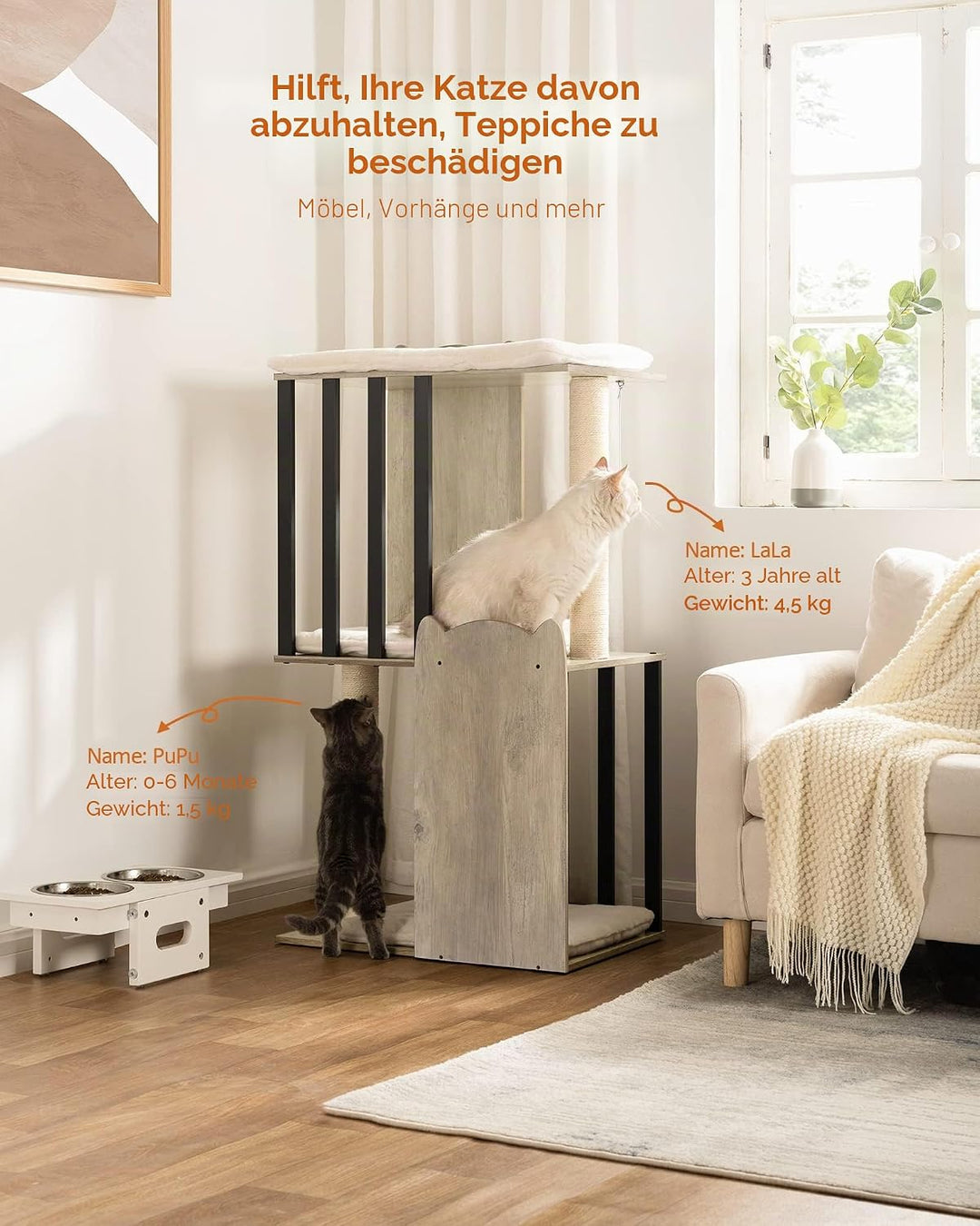 FourFurPets 3-stufiger moderner Kratzbaum, 111 cm hoch, Katzenbaum, mit 2 Voll Sisal Kratzsäulen, 3