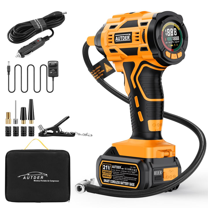 AUTDER Tragbarer Luftkompressor, kabelloser Reifenfüller, 180 PSI mit zwei Stromquellen, batteriebet