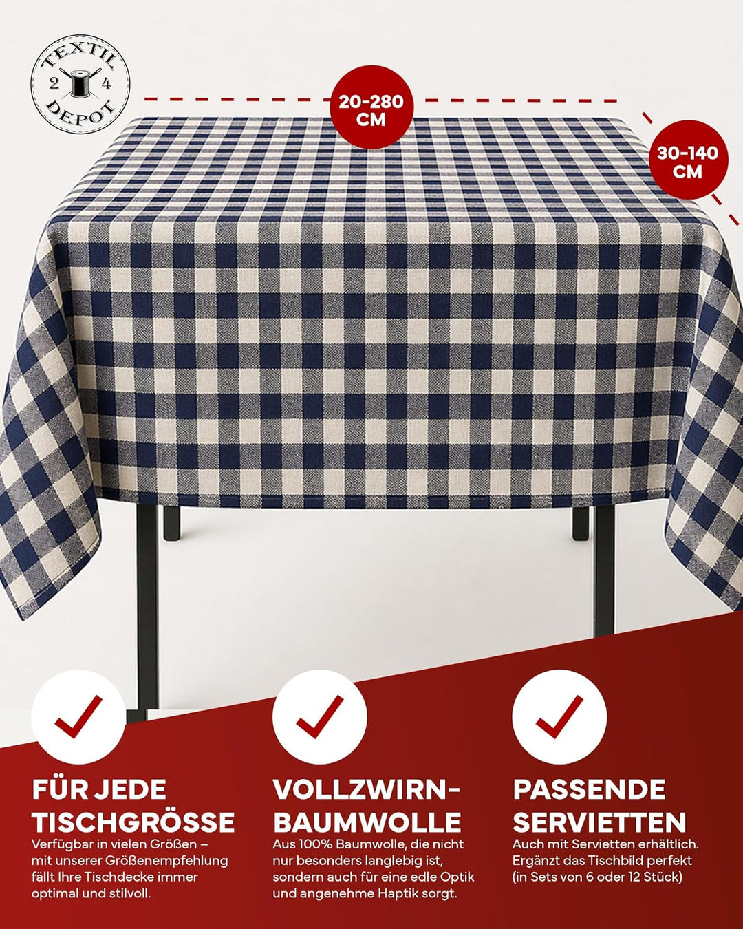 texpot Tischdecke 110 x 170 cm blau-weiss kariert aus Baumwolle 2 cm Karo