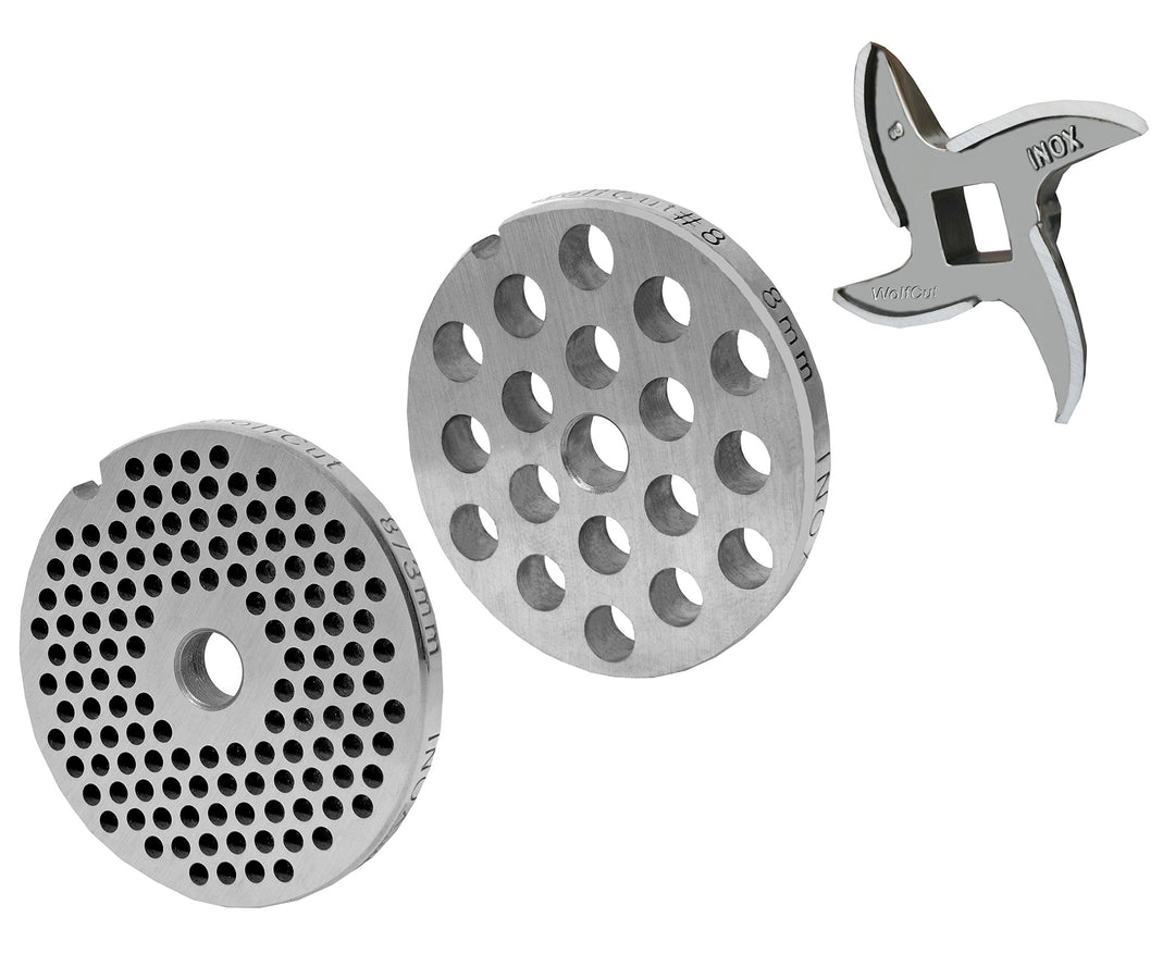 Wolfcut Lochscheibensatz kompatibel mit alle Fleischwolf Grössen 8 / 3MM + 8MM Bohrung und 1 Sichelm