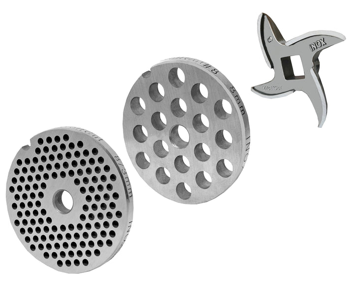 Wolfcut Lochscheibensatz kompatibel mit alle Fleischwolf Grössen 8 / 3MM + 8MM Bohrung und 1 Sichelm
