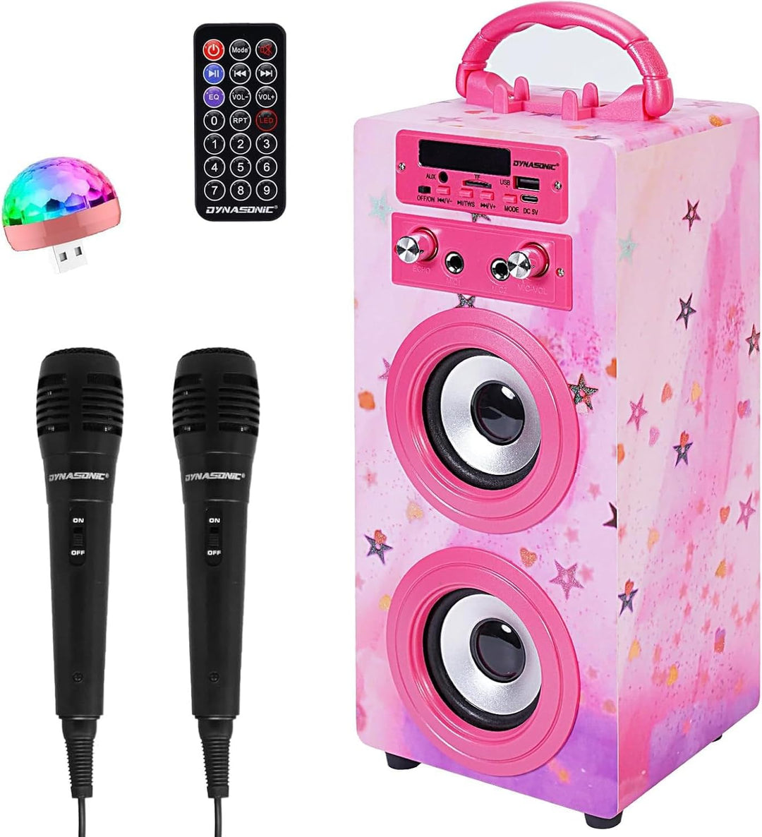 DYNASONIC Karaoke mit 2 Mikrofonen, tragbarer Karaoke-Maschine, Bluetooth-Lautsprecher, USB- und SD-