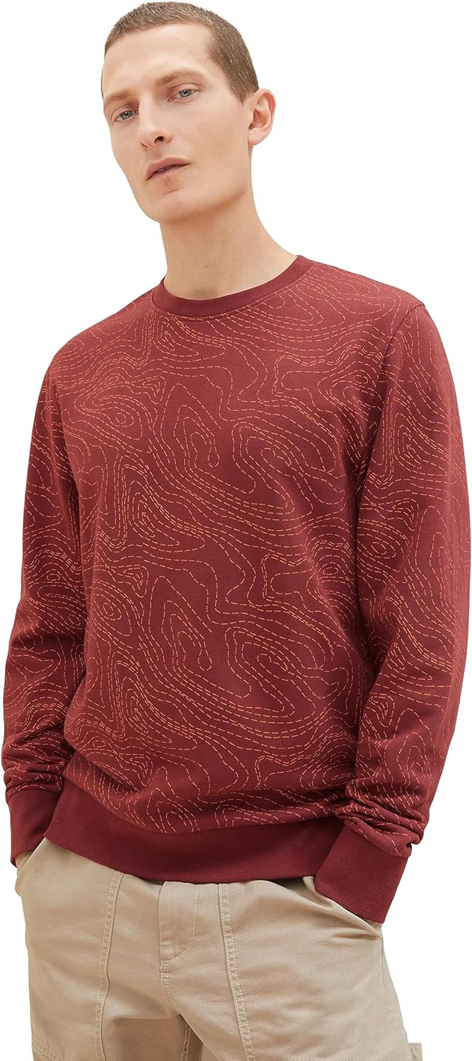 TOM TAILOR Herren Basic Sweatshirt mit Allover-Print XXL 32454 - Bordeaux Red Line Design, XXL 32454