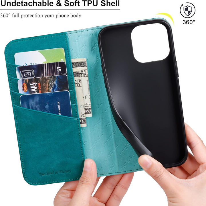 VISOUL Hülle für iPhone 14 Pro Max Handyhülle [ Echtleder] [Kartenfach] [Magnet] [Standfunktion], TP