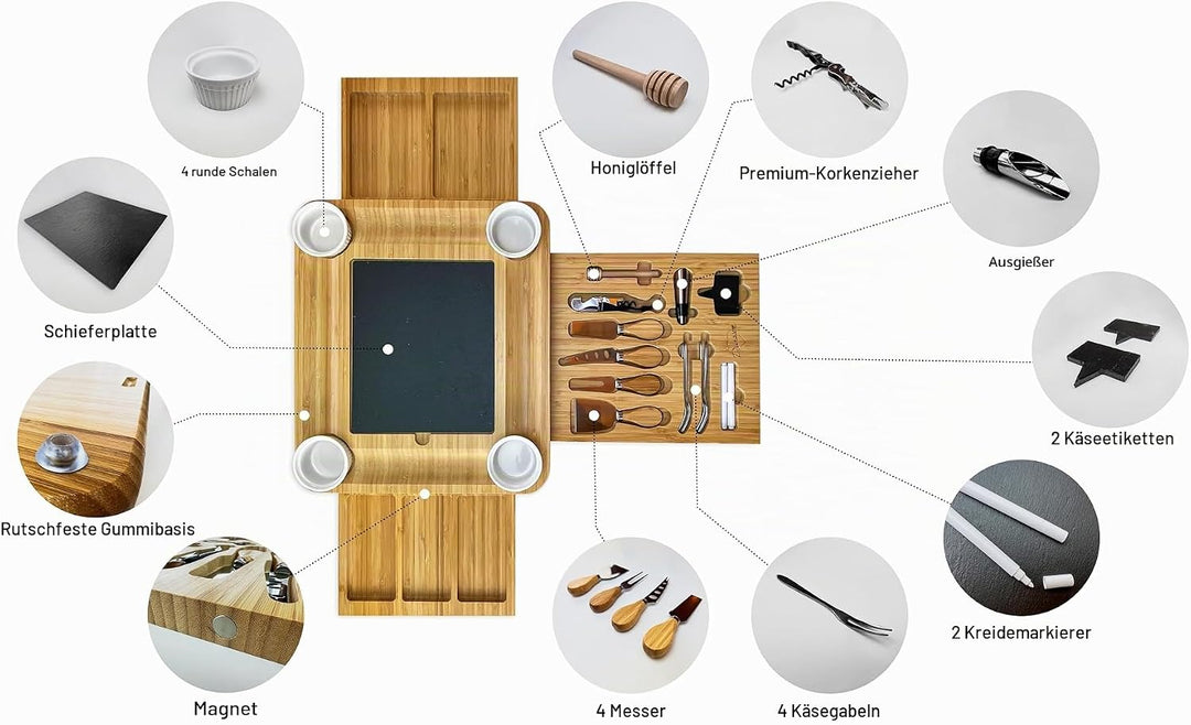 Bambus Käsebrett und Messer-Set Keramik-Schalen Weinöffner – 100% Bio-Holz Serviertablett Charcuteri