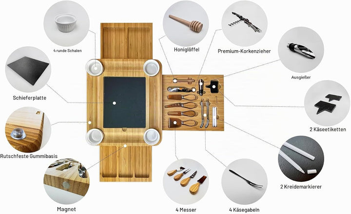 Bambus Käsebrett und Messer-Set Keramik-Schalen Weinöffner – 100% Bio-Holz Serviertablett Charcuteri