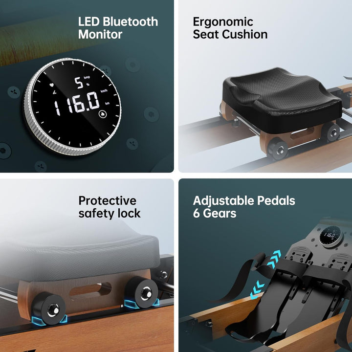 PASYOU Rudergerät für Zuhause aus Eiche, Wasserrudergerät klappbar mit Bluetooth Display &30 Tage ko