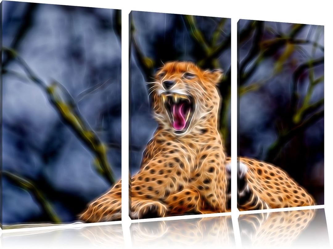 Gepard gähnt Spezial 3-Teiler Leinwandbild 120x80 Bild auf Leinwand, XXL riesige Bilder fertig gerah