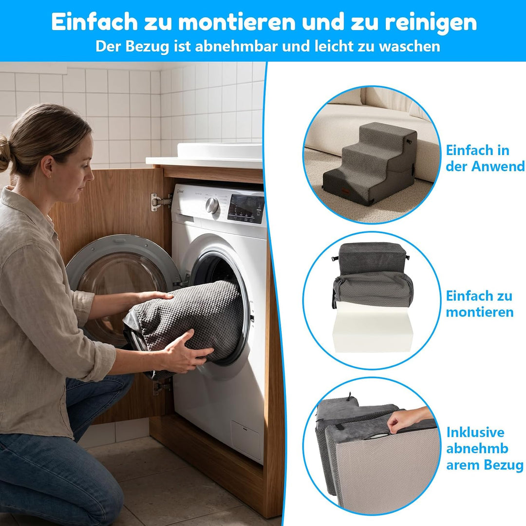 2-in-1 Hundetreppe für Kleine Hunde 28/40 cm, Katzentreppe für Alte Katzen – 3 Stufen mit Waschbarem