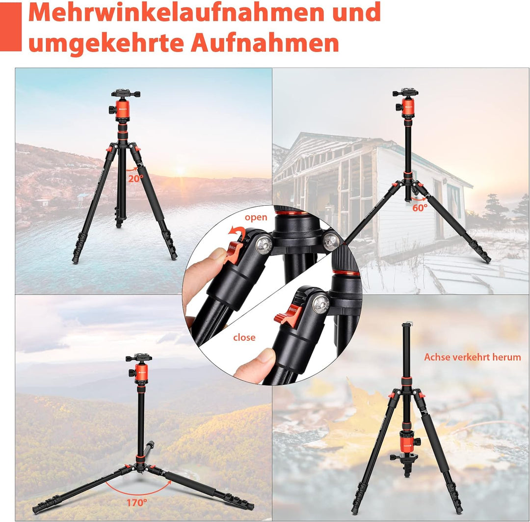 GEEKOTO Kamera Stativ 200cm, DSLR Camera Tripod Aluminum Reisestativ mit Einbeinstativ und 360° Pano