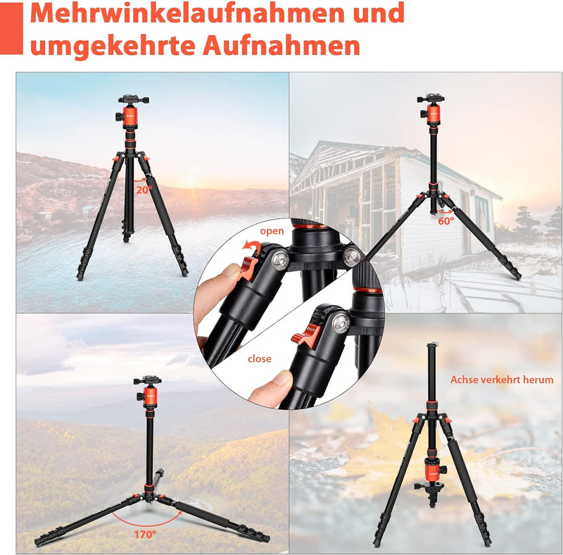 GEEKOTO Kamera Stativ 200cm, DSLR Camera Tripod Aluminum Reisestativ mit Einbeinstativ und 360° Pano