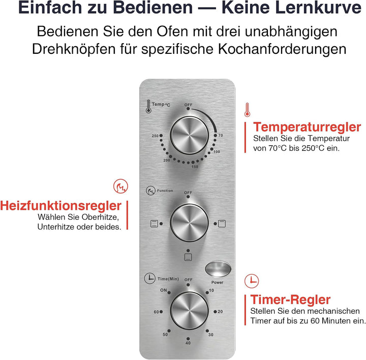 Minibackofen 38 Liter, Pizzaofen Elektrisch 1600W mit Doppeltür, 3 Heizmodi, 70°C-250°C Thermostat u