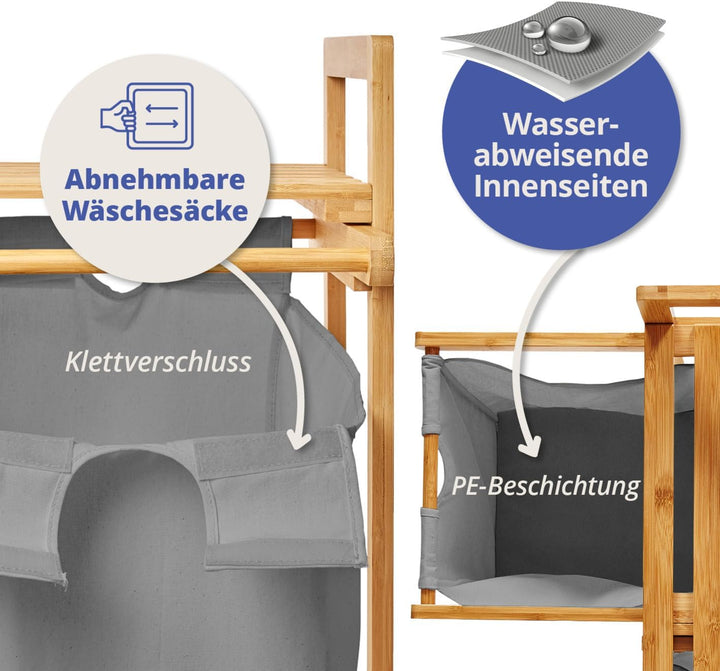 Lumaland Wäschekorb Bambus mit 2 ausziehbaren Wäschesäcken | Pflegeleichtes Material, unempfindlich