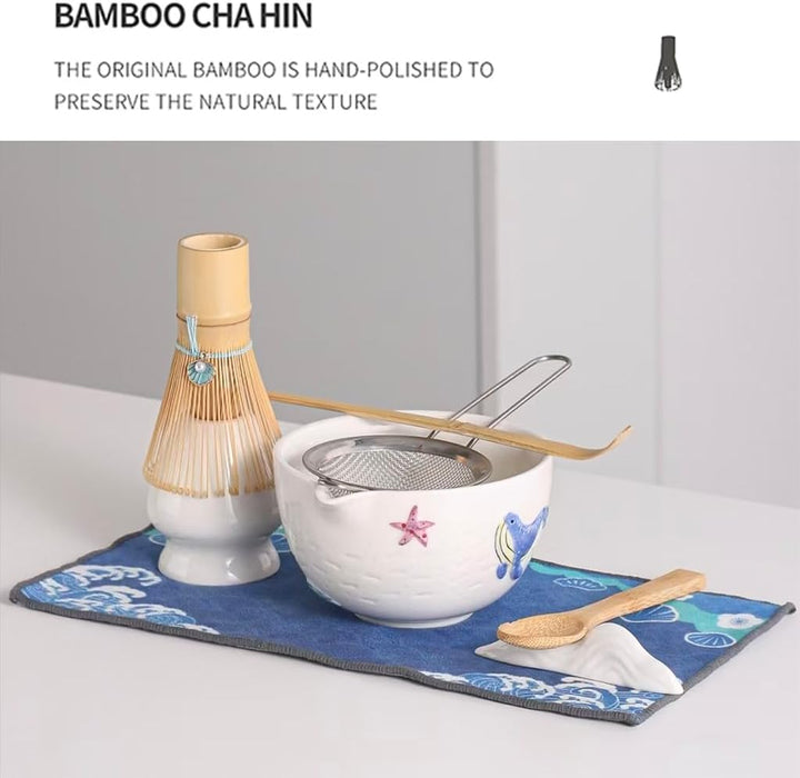 Japanisches Matcha-Tee-Set, 7-teilig, Keramik-Matchaschale mit Wal-Motiv, Bambus-Besen, Whisk-Halter