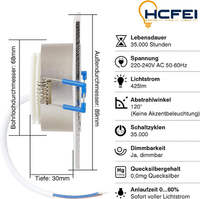 HCFEI 6er Set LED Einbaustrahler 5W dimmbar flach Eckig IP44 Badezimmer 230V Spot Aussen Warmweiss 3