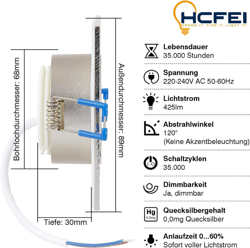 HCFEI 6er Set LED Einbaustrahler 5W dimmbar flach Eckig IP44 Badezimmer 230V Spot Aussen Warmweiss 3