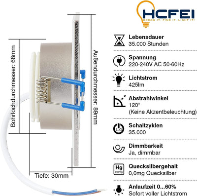 HCFEI 3er Set LED Einbaustrahler 5W dimmbar flach Eckig IP44 Badezimmer 230V Spot Aussen Warmweiss 3