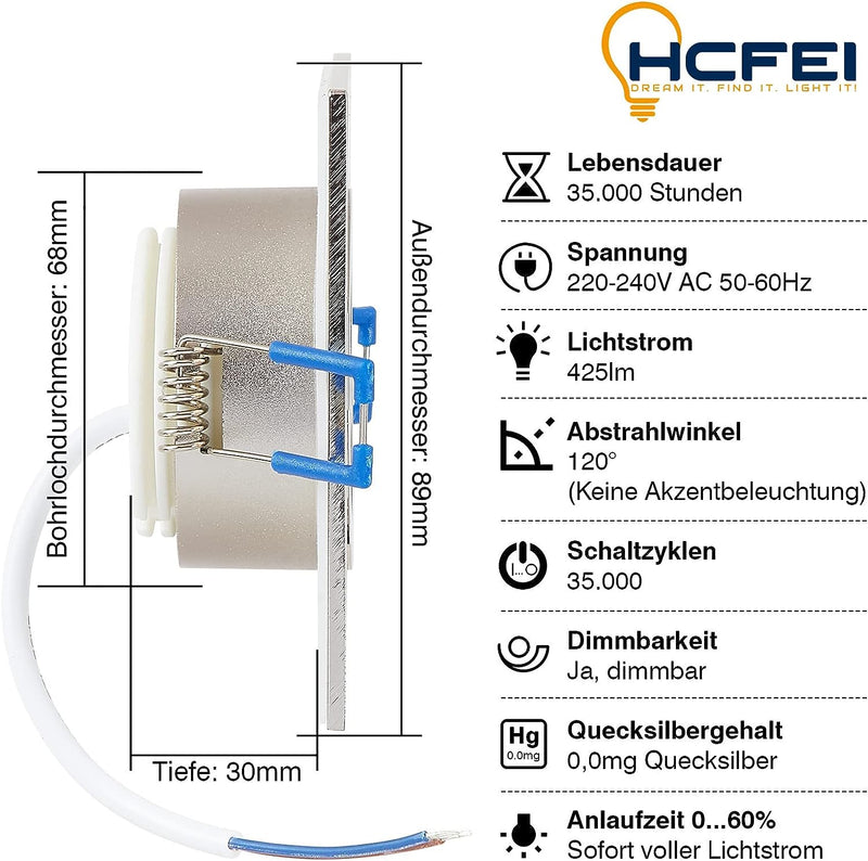 HCFEI 3er Set LED Einbaustrahler 5W dimmbar flach Eckig IP44 Badezimmer 230V Spot Aussen Warmweiss 3