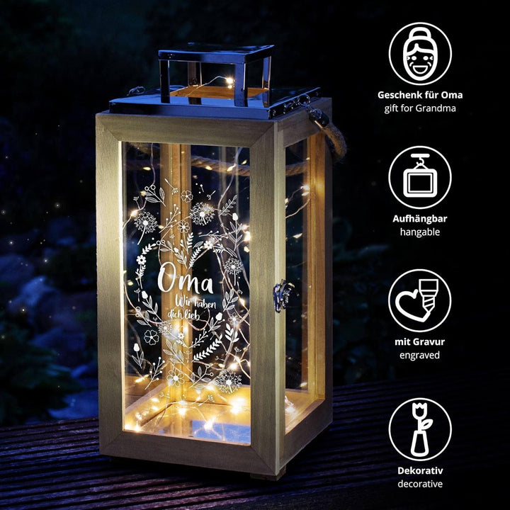 Laterne mit Gravur für Oma, Deko Kerzen Windlicht, Geschenk für Oma, Outdoor Garten Dekoration, Grav
