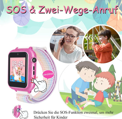 Retysaz Smartwatch Kinder, Spiele, Telefon für Mädchen und Jungen (Rosa-A1), Rosa-A1