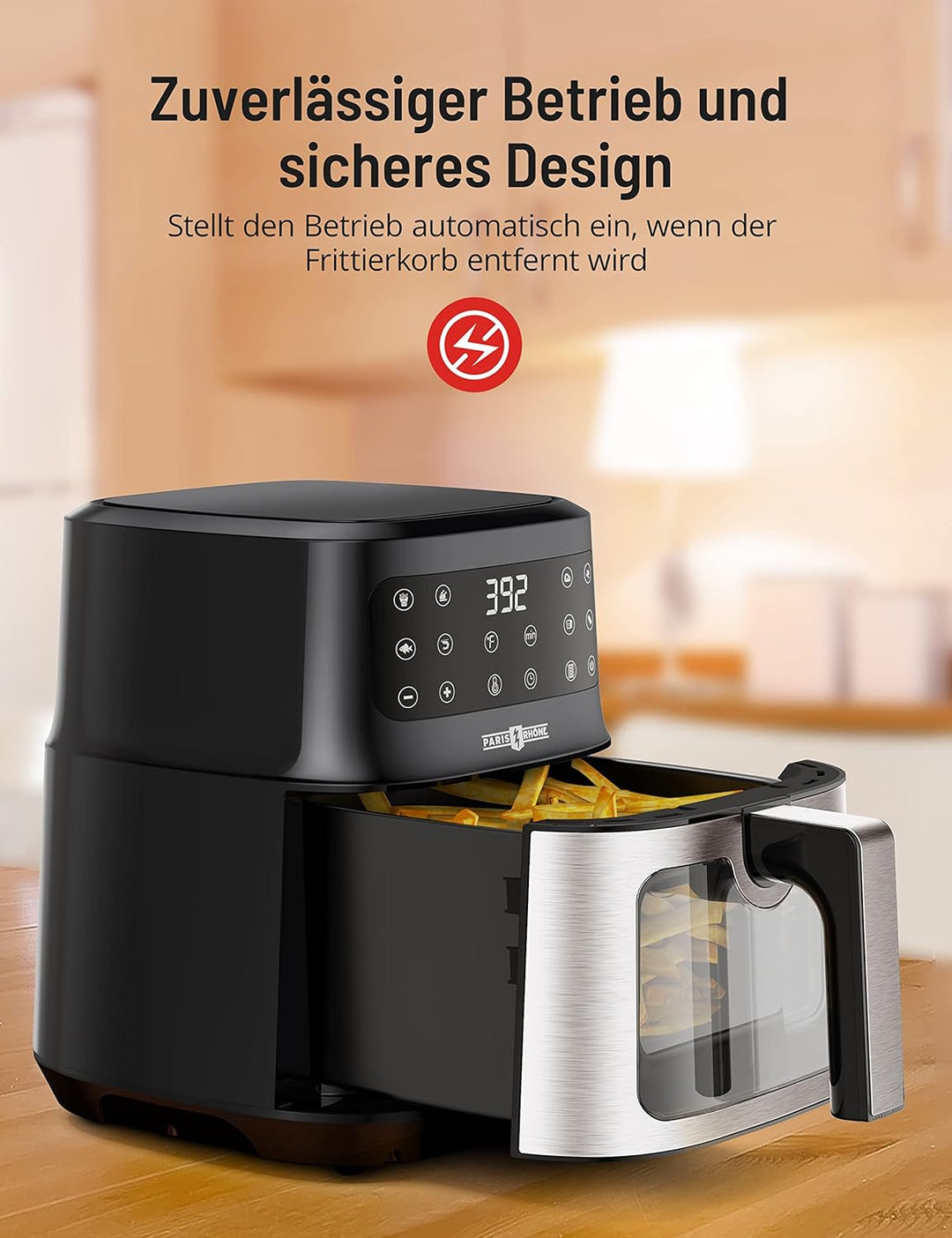 PARIS RHÔNE Heissluftfritteuse 5L XXL mit Sichtfenster, 8-in-1 airfryer spülmaschinenfest mit One-To