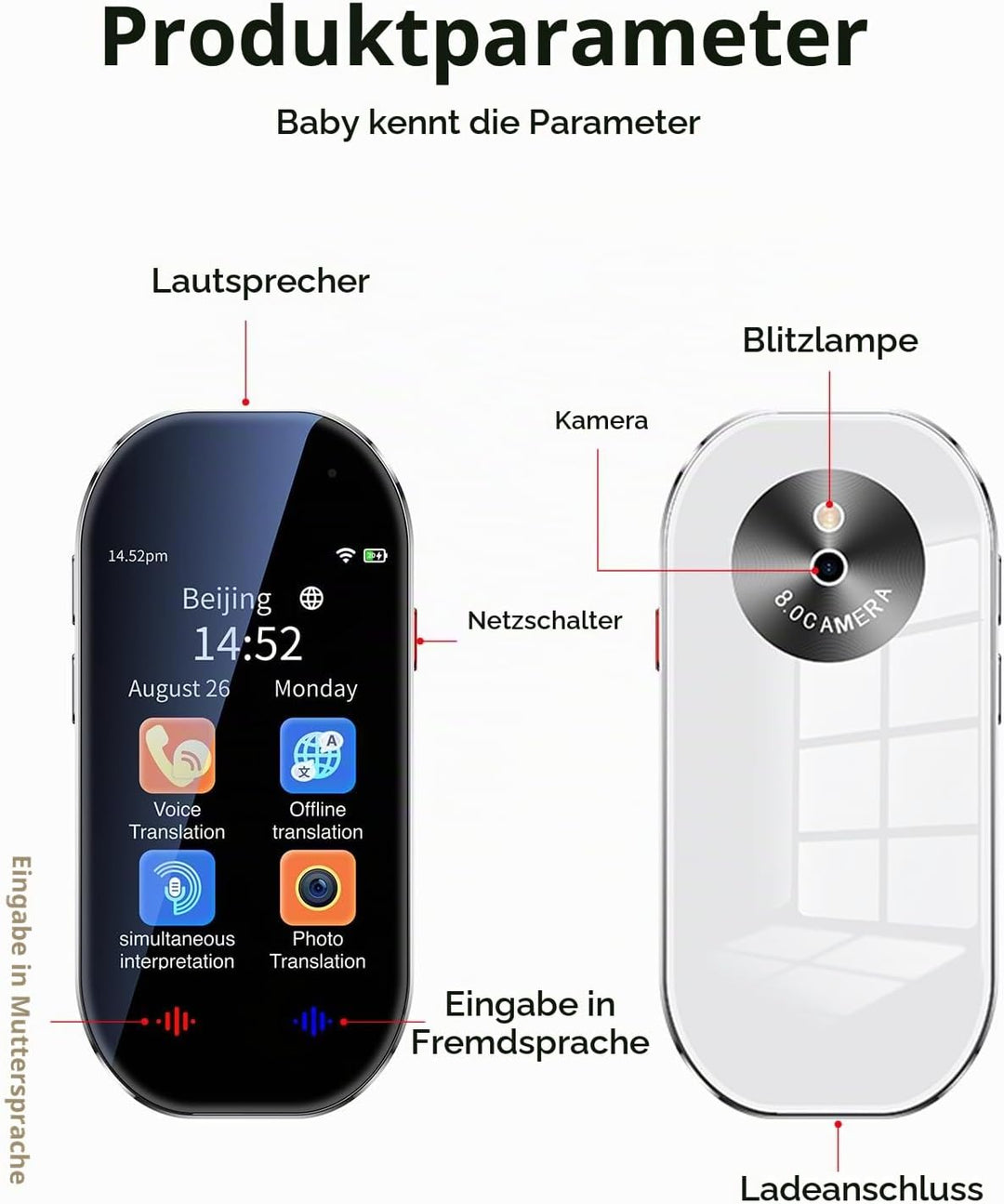 Bisofice D6 Übersetzer Sprachübersetzer Gerät, Übersetzer mit sprachausgabe, ChatGpt AI, 144 Sprache