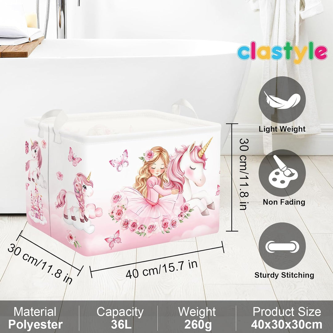 Clastyle Rosa Einhorn Kinder Wäschekorb mit Henkel Faltbar Kleidung Spielzeug Aufbewahrungskorb Mädc